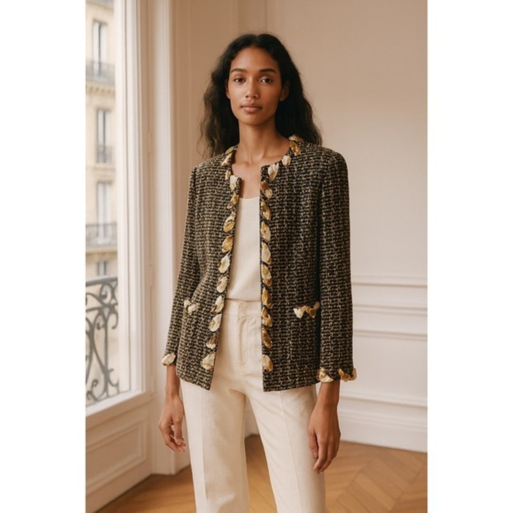 St‎ John Black Label Knits Textured Tweed Jacket Embellished Trim Women's Size 6